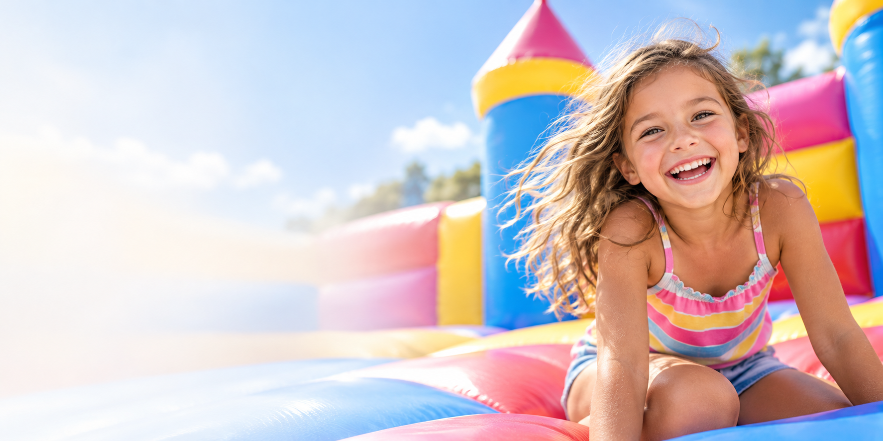 Smiling child playing on a colourful bouncy castle